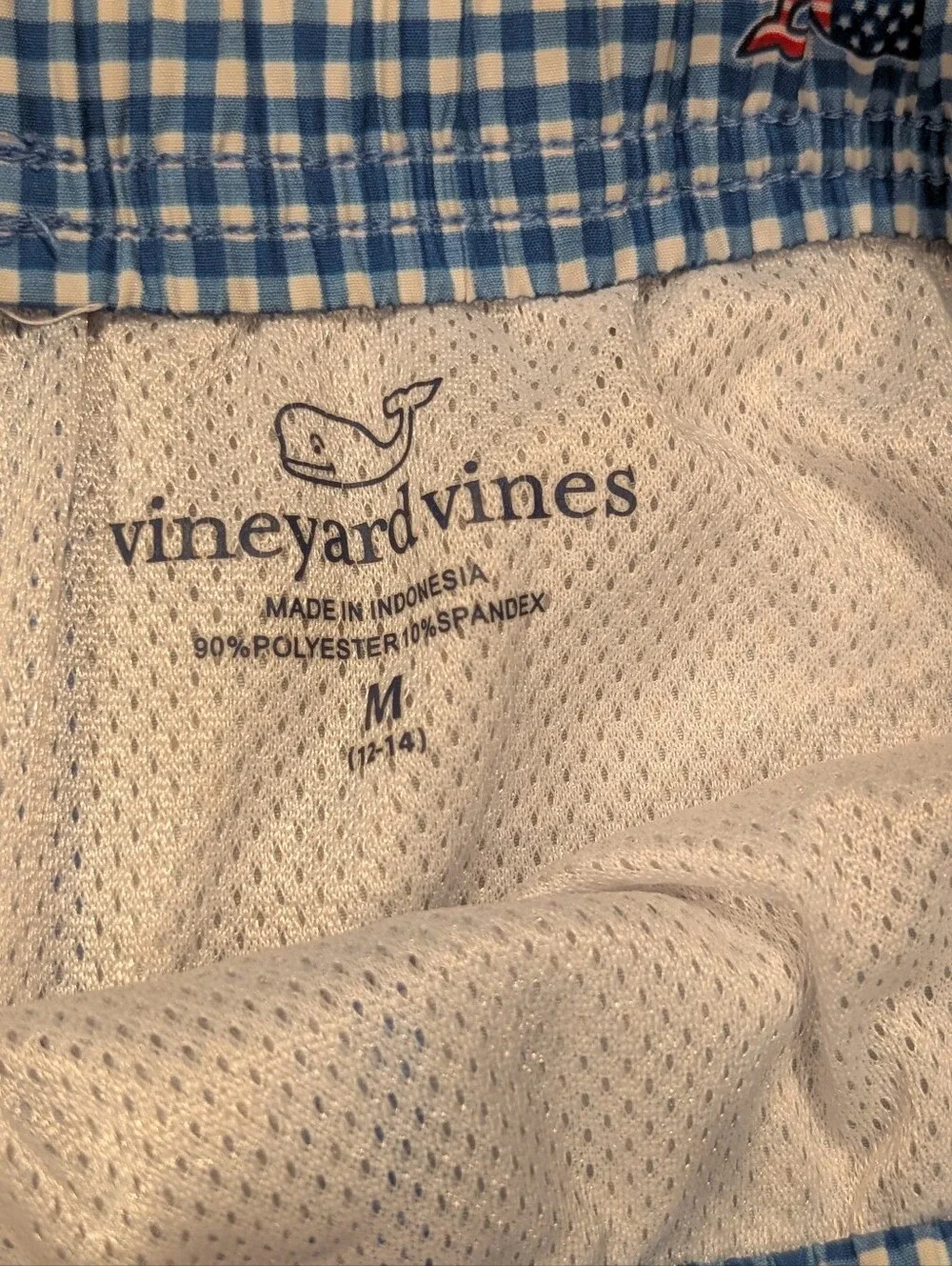 Vineyard Vines Boys Chappy Swim Trunks Blue Gingham Check American Flag Whales M